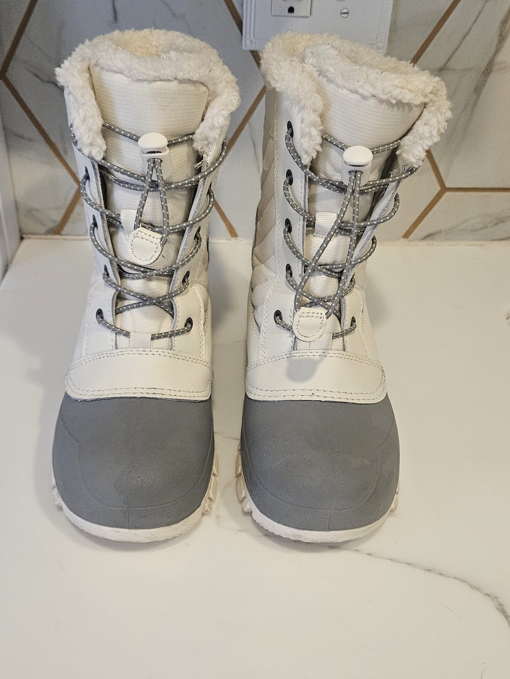 All In Motion Kids' Skylar Winter Boots in cream and gray with fuzzy faux-fur